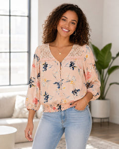 MINE Blush Floral Lace Yoke Smocked Hem Blouse - Sable & Red