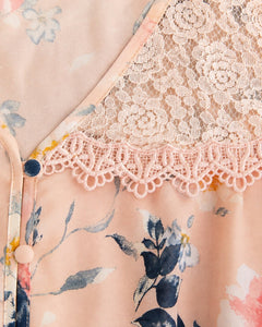 MINE Blush Floral Lace Yoke Smocked Hem Blouse - Sable & Red