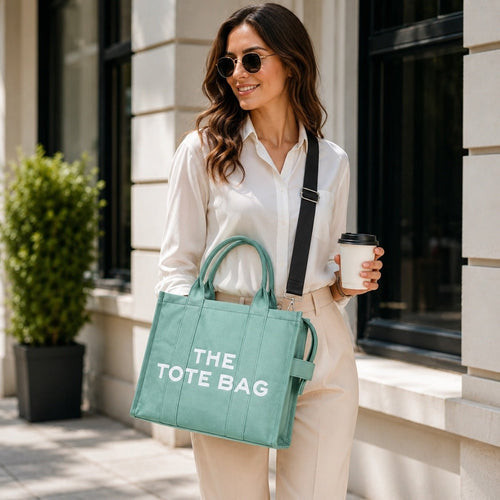 Mint Green Canvas The Tote Bag with Adjustable Shoulder Crossbody Strap - Sable & Red