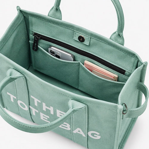 Mint Green Canvas The Tote Bag with Adjustable Shoulder Crossbody Strap - Sable & Red