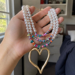 Multi-Strand Boho Pearl & Bead Necklace with Gold Heart Pendant - Sable & Red