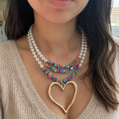 Multi-Strand Boho Pearl & Bead Necklace with Gold Heart Pendant - Sable & Red