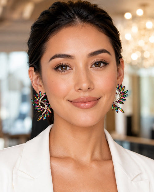 Multicolor Crystal Wing Statement Stud Earrings - Sable & Red
