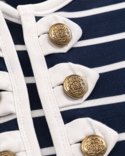 Nautical Navy & White Striped Cropped Jacket Gold Buttons - Sable & Red