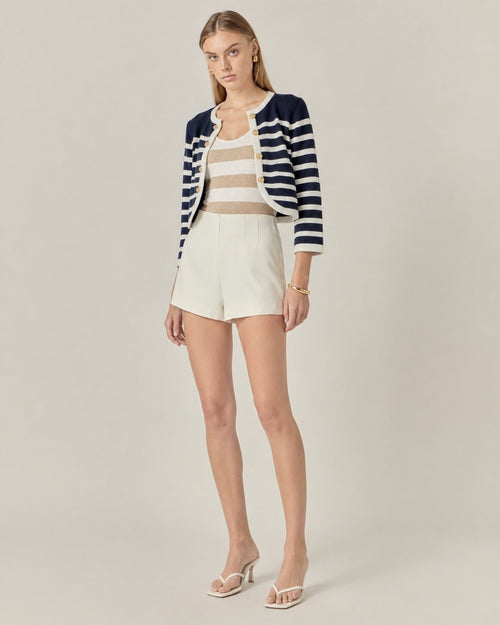 Nautical Navy & White Striped Cropped Jacket Gold Buttons - Sable & Red