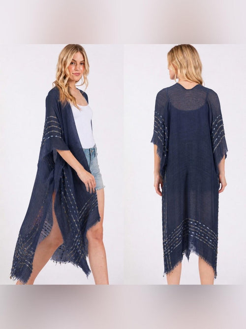 Navy Blue Boho Fringe Stitch Design Open Duster Kimono Cover-Up Shawl Wrap - Sable & Red