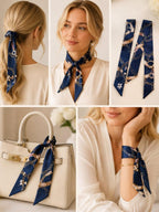 Navy Equestrian Print Skinny Silk Scarf Hair Neck Bag Accent - Sable & Red