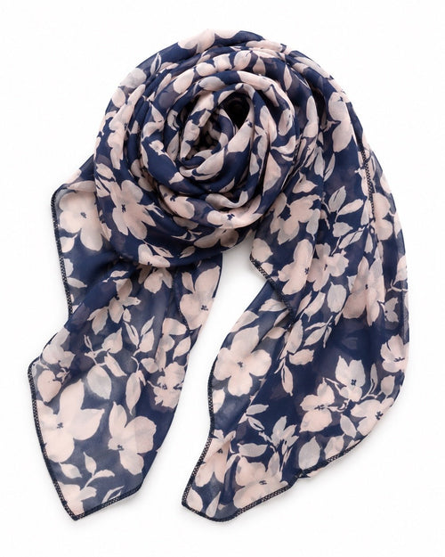 Navy & Pale Pink Floral Lightweight Scarf 67” x 8” - Sable & Red