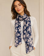 Navy & Pale Pink Floral Lightweight Scarf 67” x 8” - Sable & Red