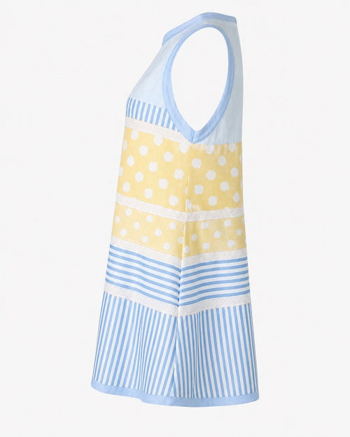 Patchwork Polka Dot Stripe Sleeveless Summer Dress - Sable & Red