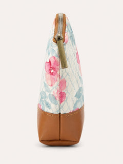 Pine Valley Market Floral Cosmetic Bag with Faux Leather Trim - Sable & Red
