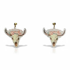 Pink and White Floral Bull Skull with Flowers Roses Resin Earrings - Sable & Red
