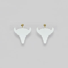 Pink and White Floral Bull Skull with Flowers Roses Resin Earrings - Sable & Red