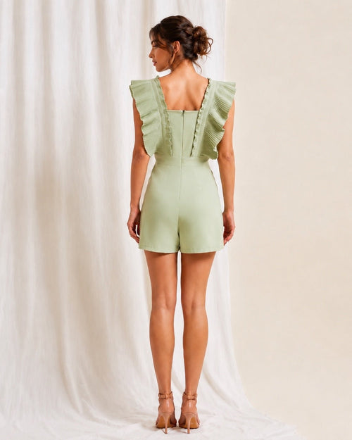 Pleated Ruffle Sleeve Romper Sage Green Size M Statement Playsuit - Sable & Red
