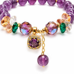 Purple Crystal Beaded Stretch Bracelet with Gold Charm Pendant - Sable & Red