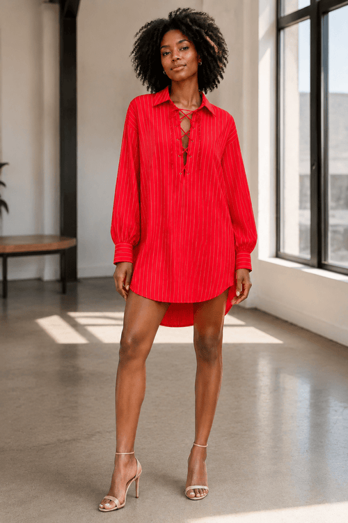 Red Pinstripe Lace-Up Oversized Shirt Dress - Sable & Red