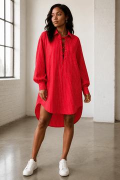 Red Pinstripe Lace-Up Oversized Shirt Dress - Sable & Red