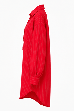 Red Pinstripe Lace-Up Oversized Shirt Dress - Sable & Red