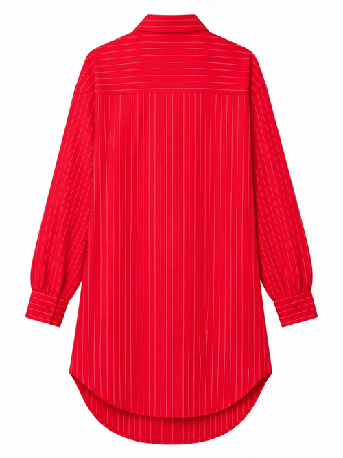 Red Pinstripe Lace-Up Oversized Shirt Dress - Sable & Red