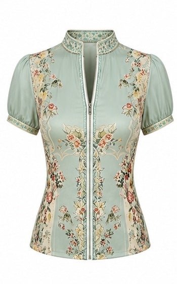 Retro Mint Green Floral Chiffon Zip-Up Top Size Small - Sable & Red