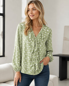 Sage Green Polka Dot Ruffle Blouse – Sable & Red Aveline - Sable & Red