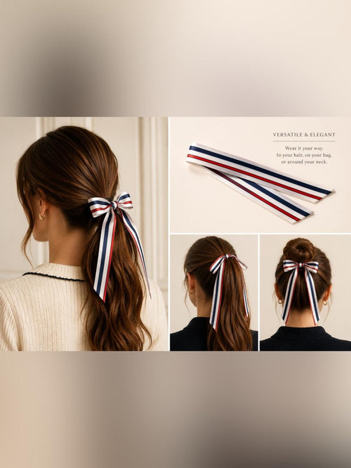Satin Hair Scarf Ribbon Stripe Bow • MEMORIAL DAY! 4th of July! - Sable & Red