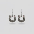 Silver Antique Brushed Metal Horseshoe Sparkling Iridescent Rhinestone Earrings - Sable & Red