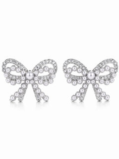 Silver Bow Stud Earrings CZ & Mini Pearl Accents 1” x 1” - Sable & Red