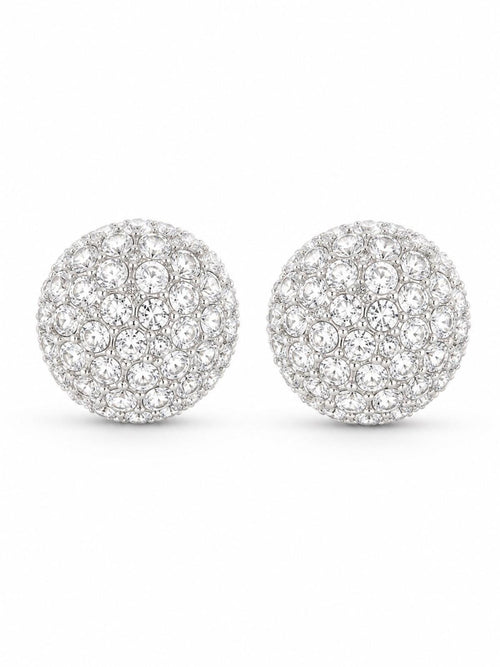 Silver Crystal Pave Stud Dome Earrings Rhinestone Round 0.56” - Sable & Red