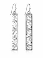 Silver Filigree Bar Dangle Earrings Rectangle Drop 2.13in - Sable & Red