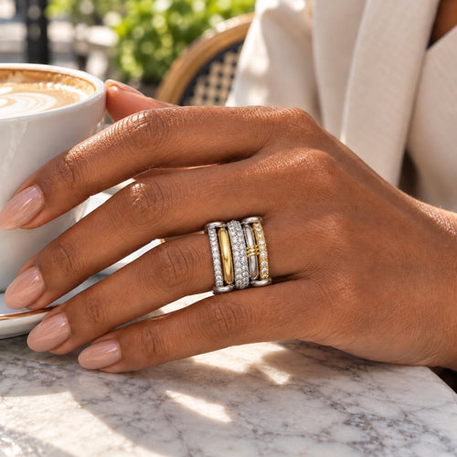 Silver Gold Diamond Stackable Multi Ring Set of 5 Rings • Statement • Fidget Lux - Sable & Red