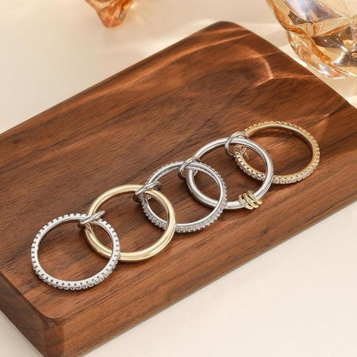 Silver Gold Diamond Stackable Multi Ring Set of 5 Rings • Statement • Fidget Lux - Sable & Red