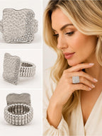 Silver Hammered Crystal Statement Stretch Ring - Sable & Red