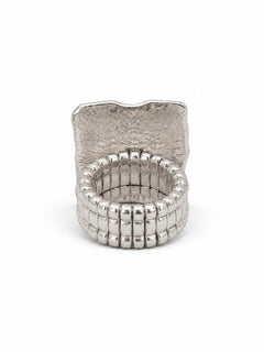 Silver Hammered Crystal Statement Stretch Ring - Sable & Red