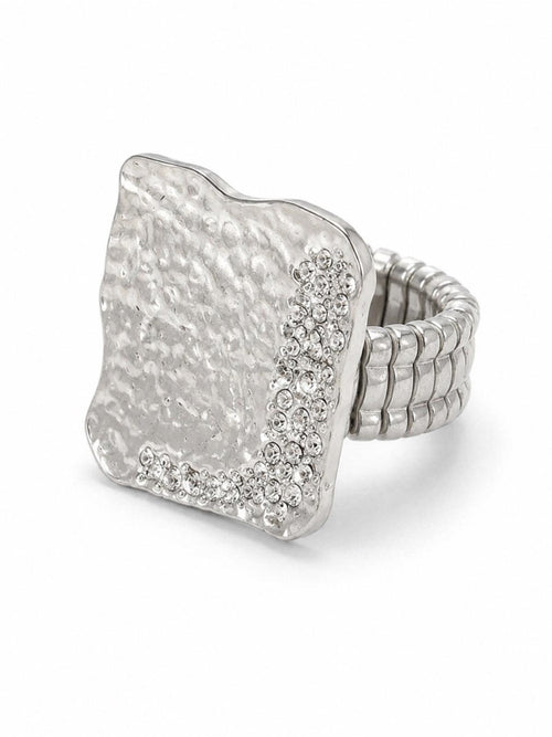 Silver Hammered Crystal Statement Stretch Ring - Sable & Red