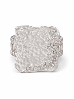 Silver Hammered Crystal Statement Stretch Ring - Sable & Red