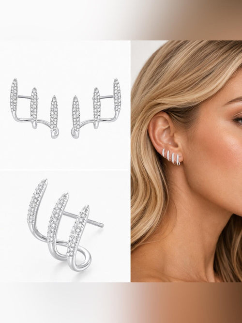 Silver Pave Crystal Triple Bar Ear Climber Stud Earrings 925 Sterling Silver - Sable & Red