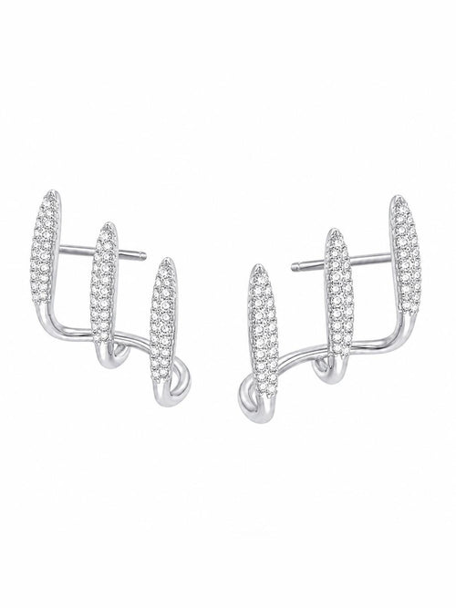 Silver Pave Crystal Triple Bar Ear Climber Stud Earrings 925 Sterling Silver - Sable & Red