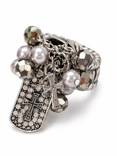 Silver Pearl Rhinestone Cross Charm Stretch Ring Gunmetal Black - Sable & Red