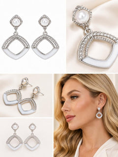 Silver Pearl Rhinestone Geometric Enamel Drop Earrings - Sable & Red