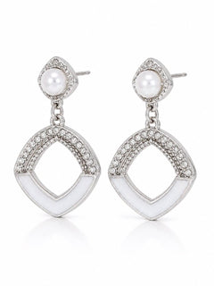 Silver Pearl Rhinestone Geometric Enamel Drop Earrings - Sable & Red