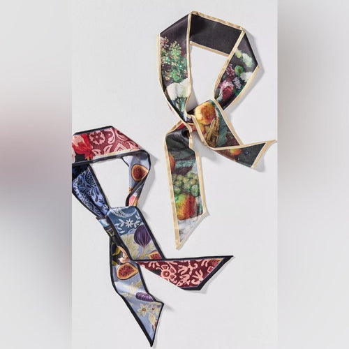 Skinny Hair Scarf Bag Charm Silky Scarves, Set of 5 | Variety of Patterns Colors - Sable & Red