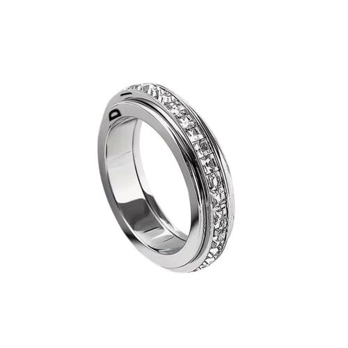 Spinner Fidget Ring in 18k White Gold over Silver Crystal Band Rotating • Size 7 - Sable & Red