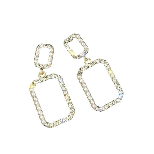 Square Pearl and Crystal Drop Earrings - Sable & Red