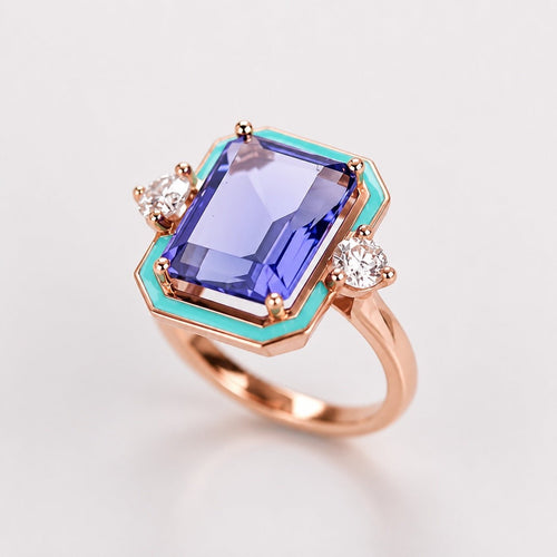 Tanzanite Blue Enamel 18K Rose Gold-Plated Ring Size 7 - Sable & Red