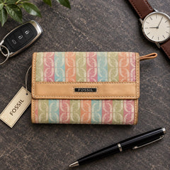 Vintage Fossil Signature Multi Stripe Trifold Wallet Clutch Organizer - Sable & Red