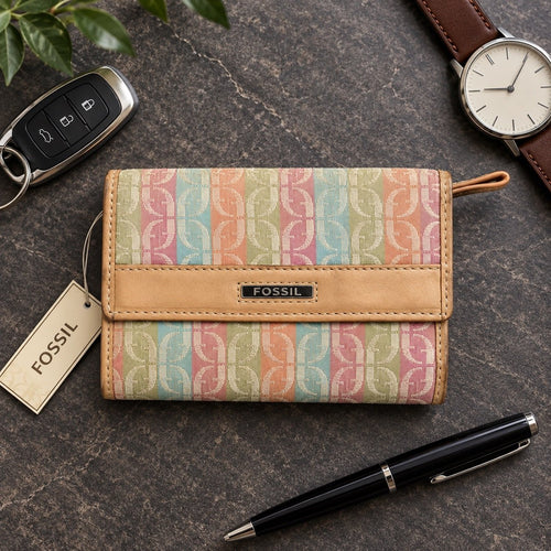 Vintage Fossil Signature Multi Stripe Trifold Wallet Clutch Organizer - Sable & Red
