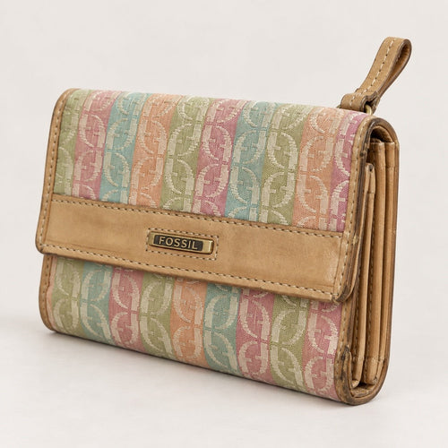 Vintage Fossil Signature Multi Stripe Trifold Wallet Clutch Organizer - Sable & Red
