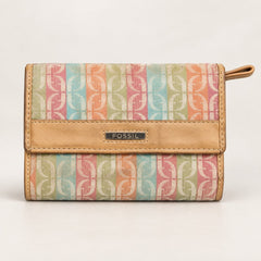 Vintage Fossil Signature Multi Stripe Trifold Wallet Clutch Organizer - Sable & Red