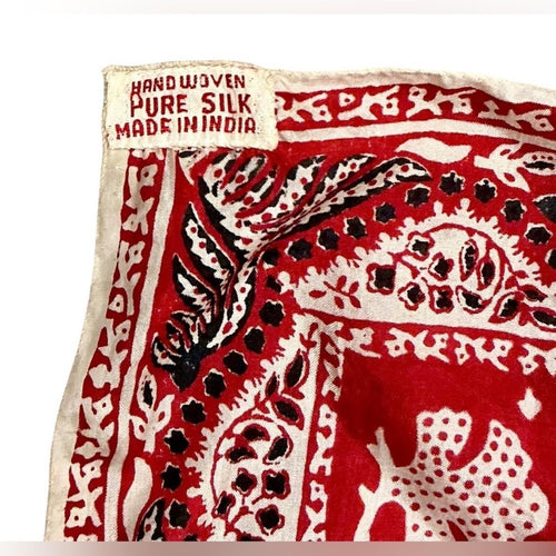 Vintage Handwoven Pure Silk Pocket Square Scarf Red Bandana Print Made in India - Sable & Red